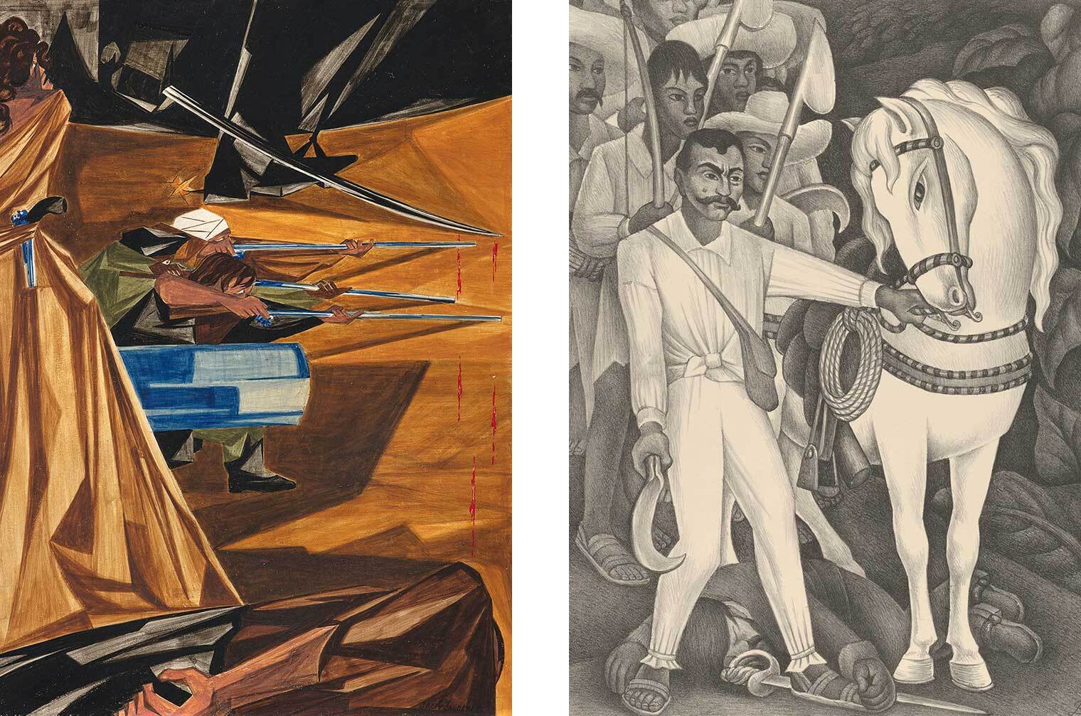 Left: A painting of a woman standing by a cannon surrounded by soldiers. Right: A lithograph of Emilio Zapata leading his horse