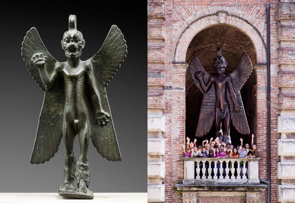 Left: Bronze statuette of the demon Pazuzu. Musée du Louvre, Paris, Département des Antiquités Orientales (MNB 467); Right: Roberto Cuoghi. Šuillakku, 2008 