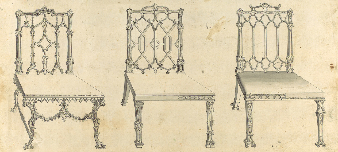 Detail view of a preparatory drawing of three Gothic chair for Thomas Chippendale's "Gentleman and Cabinet Maker's Director"