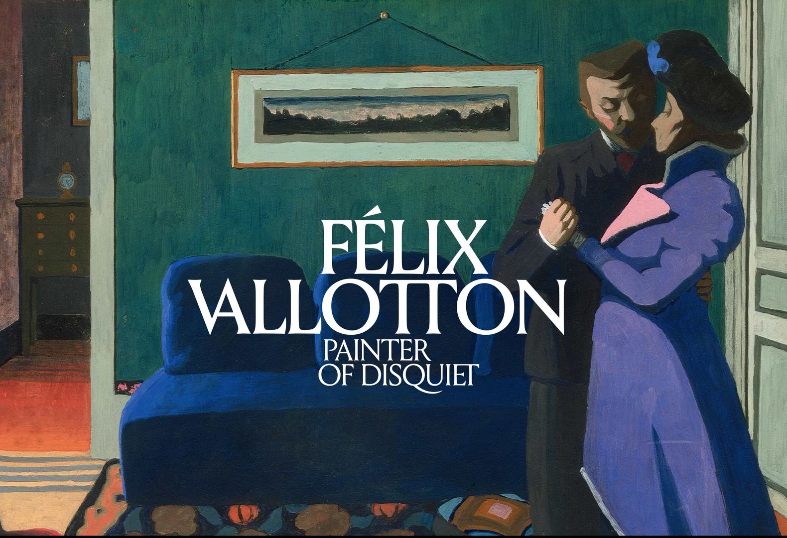 A painting of a man in a brown suit and a women in a purple dress, holding hands in a bourgeois interior, with green walls, an orange rug, and a blue couch