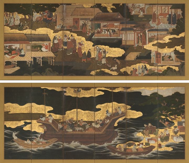 This pair of folding screens is characteristic of Nanban byōbu, literally, “Southern Barbarian screens,” showing Europeans landing on Japanese shores. 