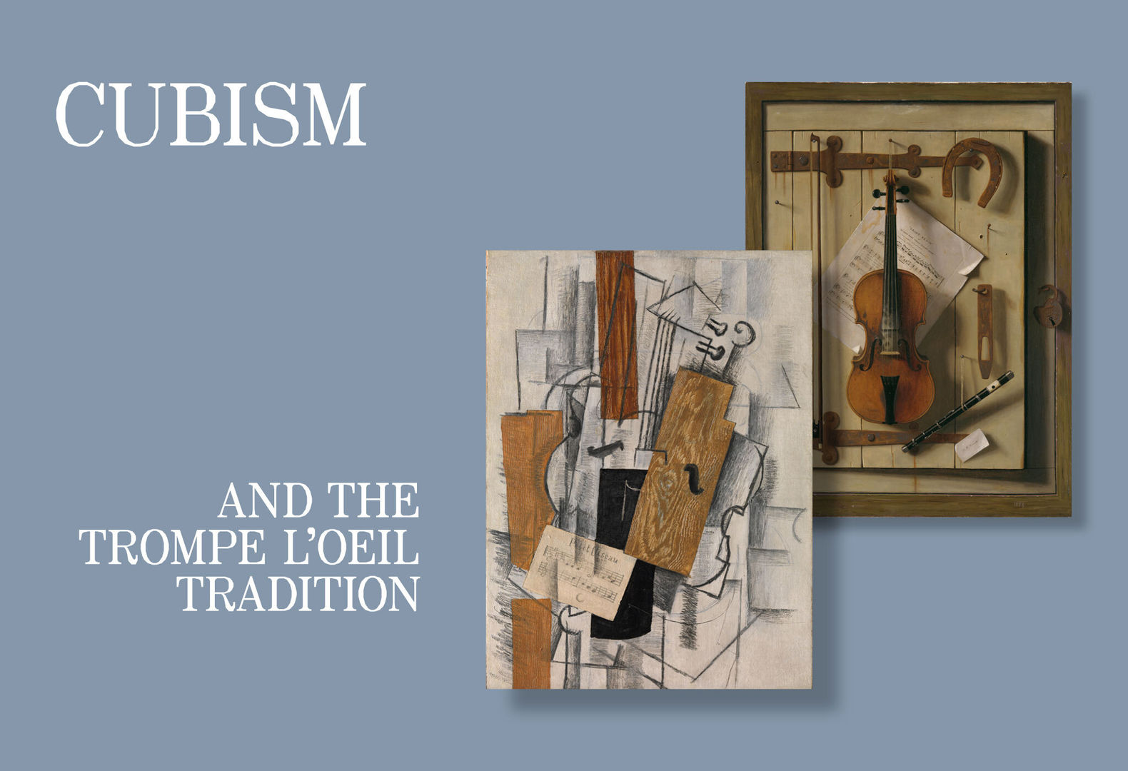 A cubist painting by Georges Braque next to a photorealistic painting by William Michael Harnett, both depicting a violin and sheet music next to the text 
