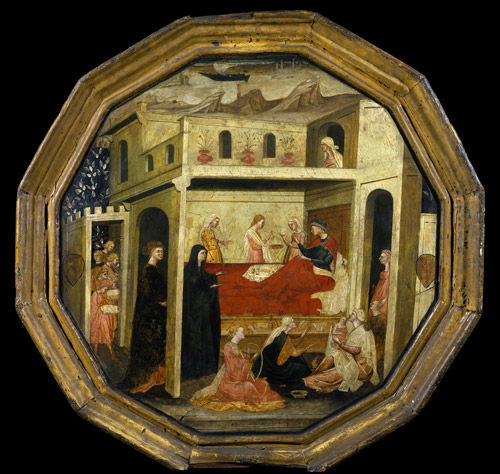 Childbirth Tray (<i>Desco da Parto</i>) with a Confinement-Room Scene (recto) and Urinating Putto (verso)