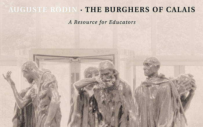 Cover of a brochure with an over-life size bronze sculpture of a group of men chained together in a group, walking in a circle
