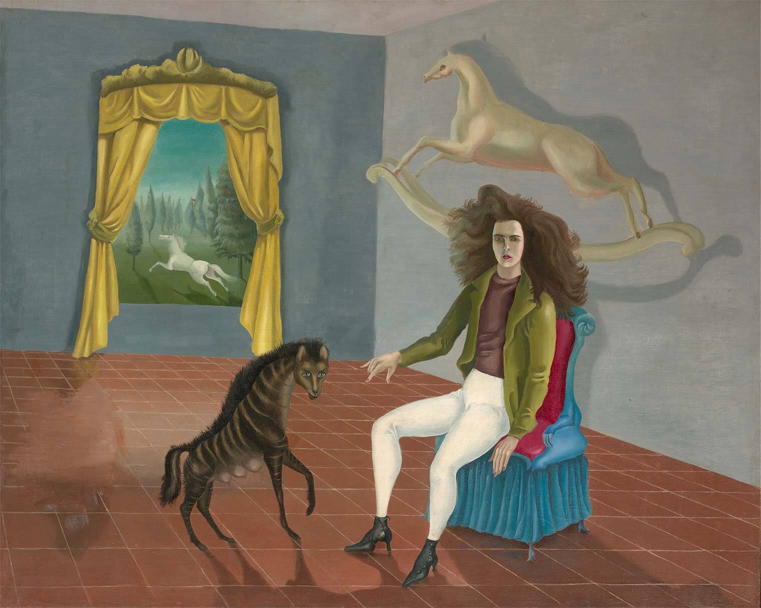 A portrait of the artist sitting in a chair with a hyena at her feet