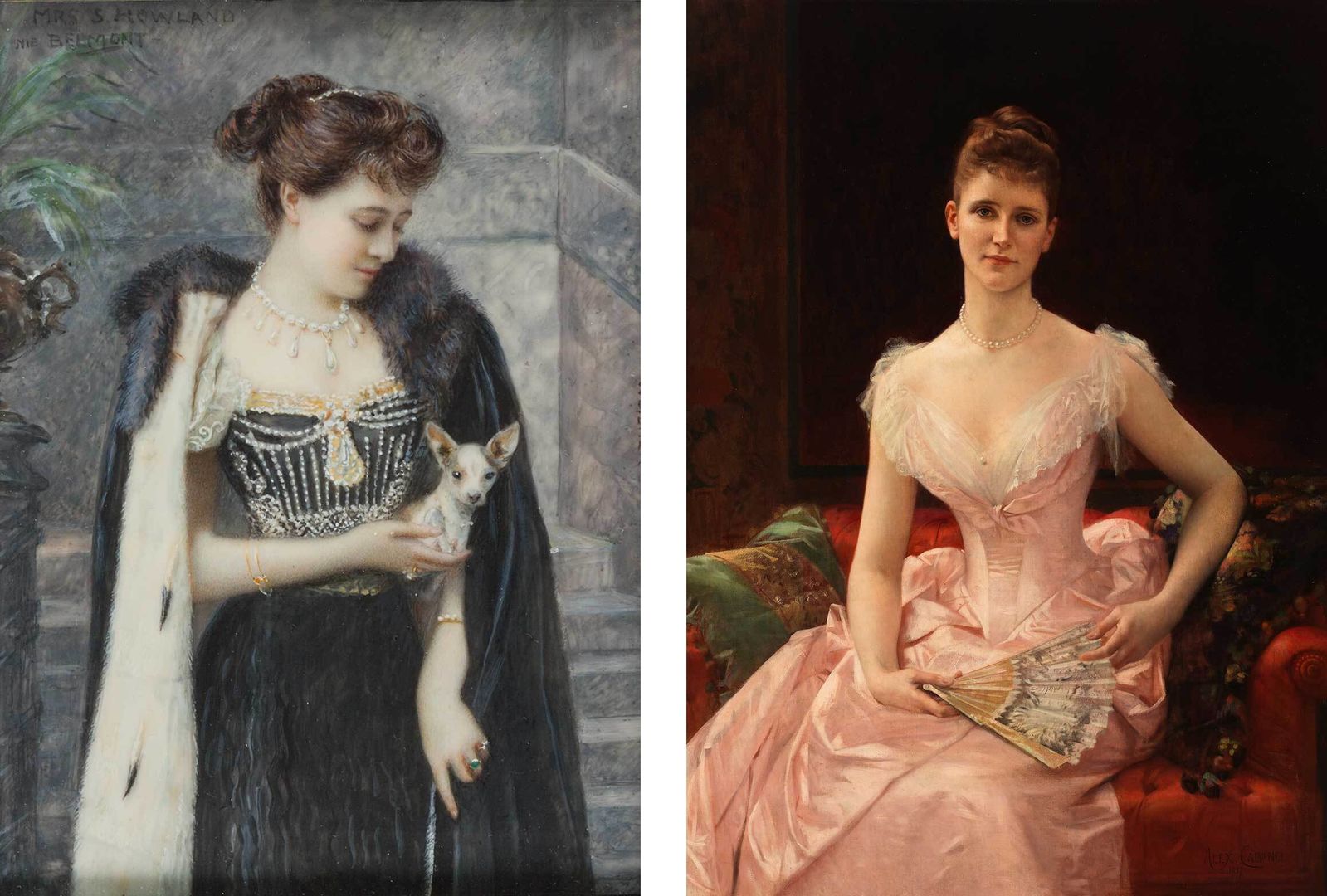 Two elegant paintings of women dressed in ball gowns. On the left, a black ensemble, on the right a pink dress