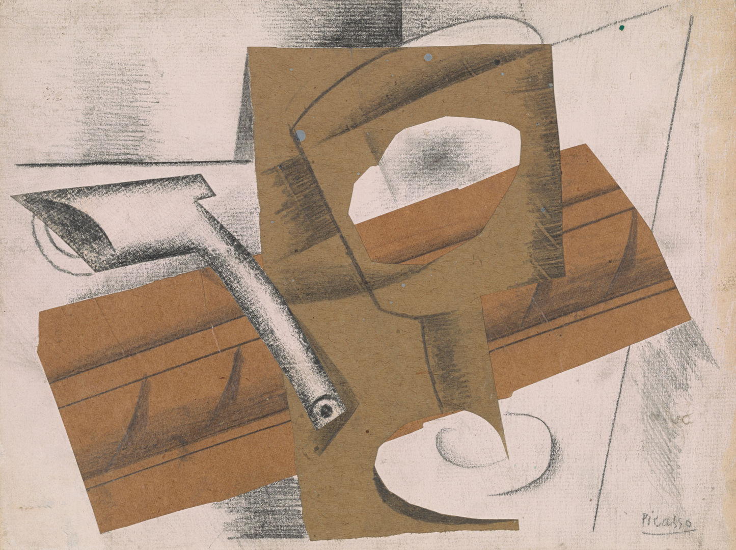 Paper collage with abstract qualities showcasing a pipe and glass