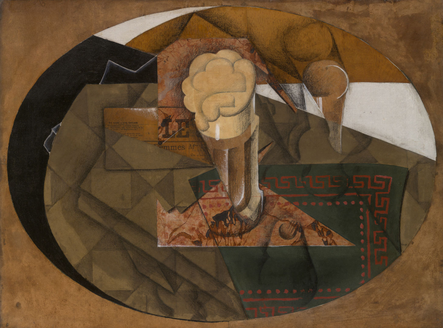 Abstract collage of a circular surface and a glass of beer with a swirly head of foam