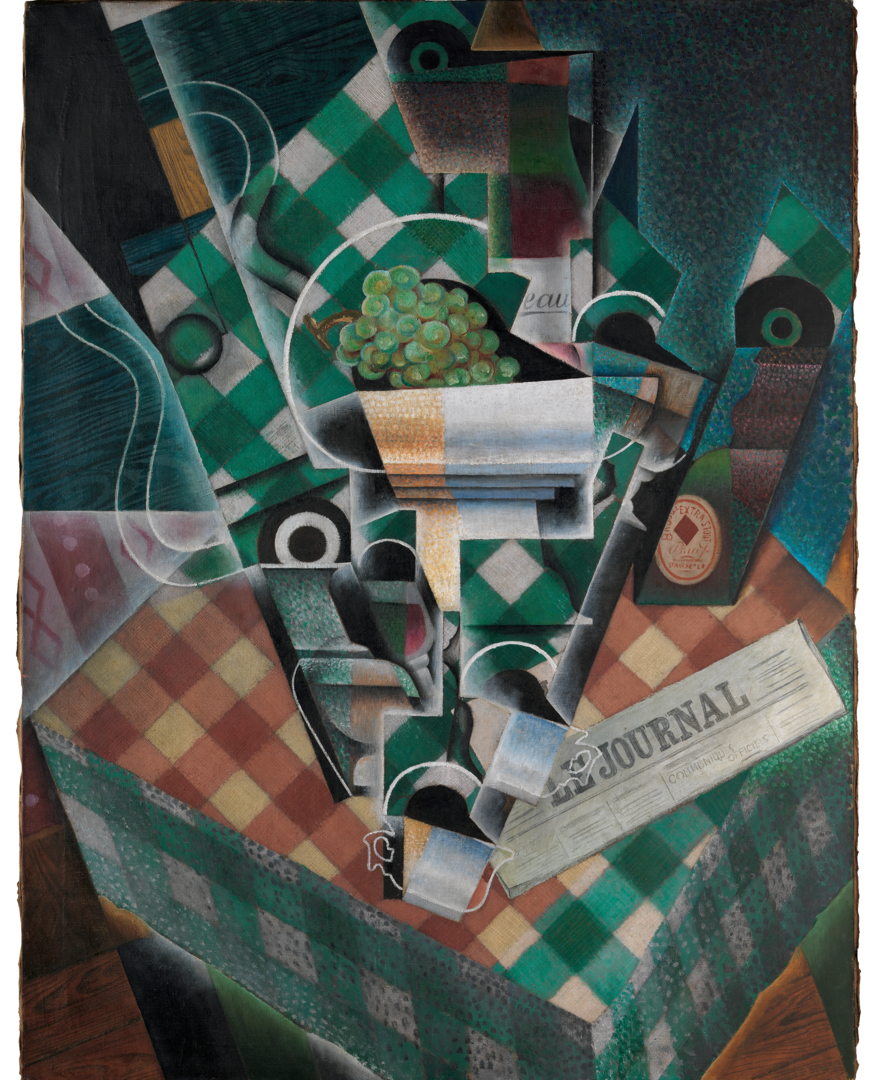 Oil and graphite painting of a green checked tablecloth with coffee cups, wine glasses, grapes, a newspaper and other objects arranged in the shape of a bull’s head