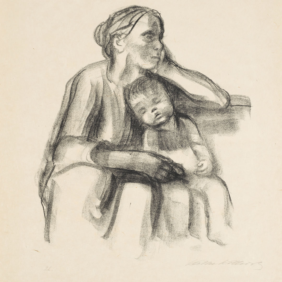 lithograph of a weary mother and sleeping boy by Kathe Kollowitz