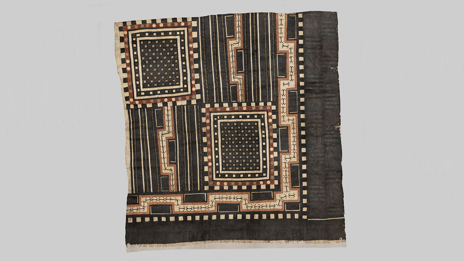 Barkcloth panel with rectilinear designs in beige, brown and black