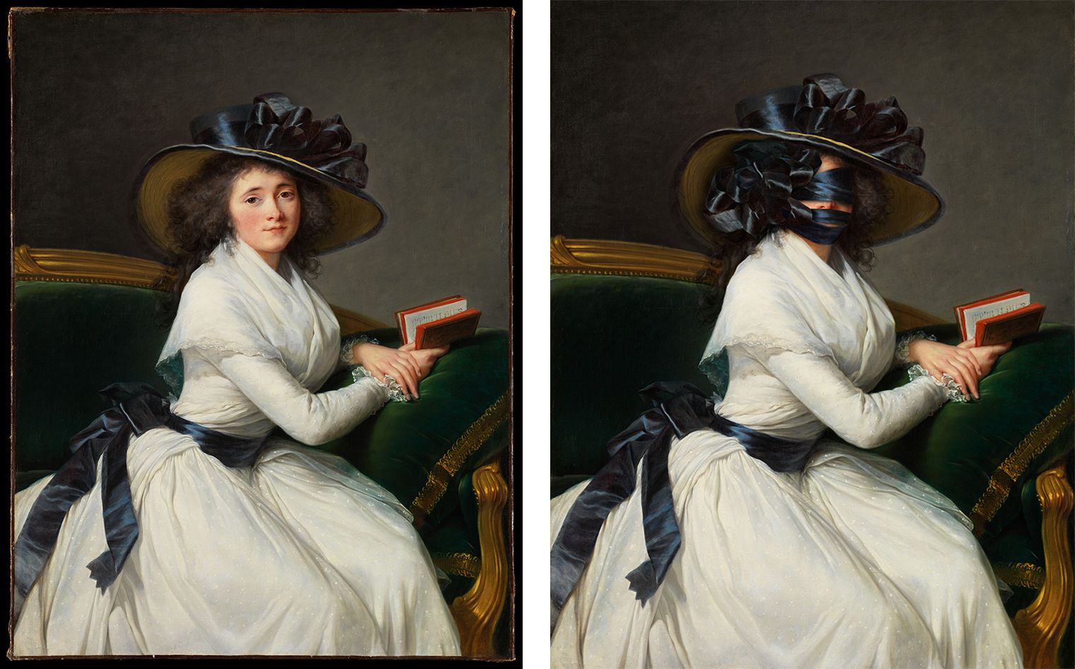 image on left shows a woman in a white dress wearing a broad hat and sitting with a book, image on right shows the same image with ribbon covering the woman's face