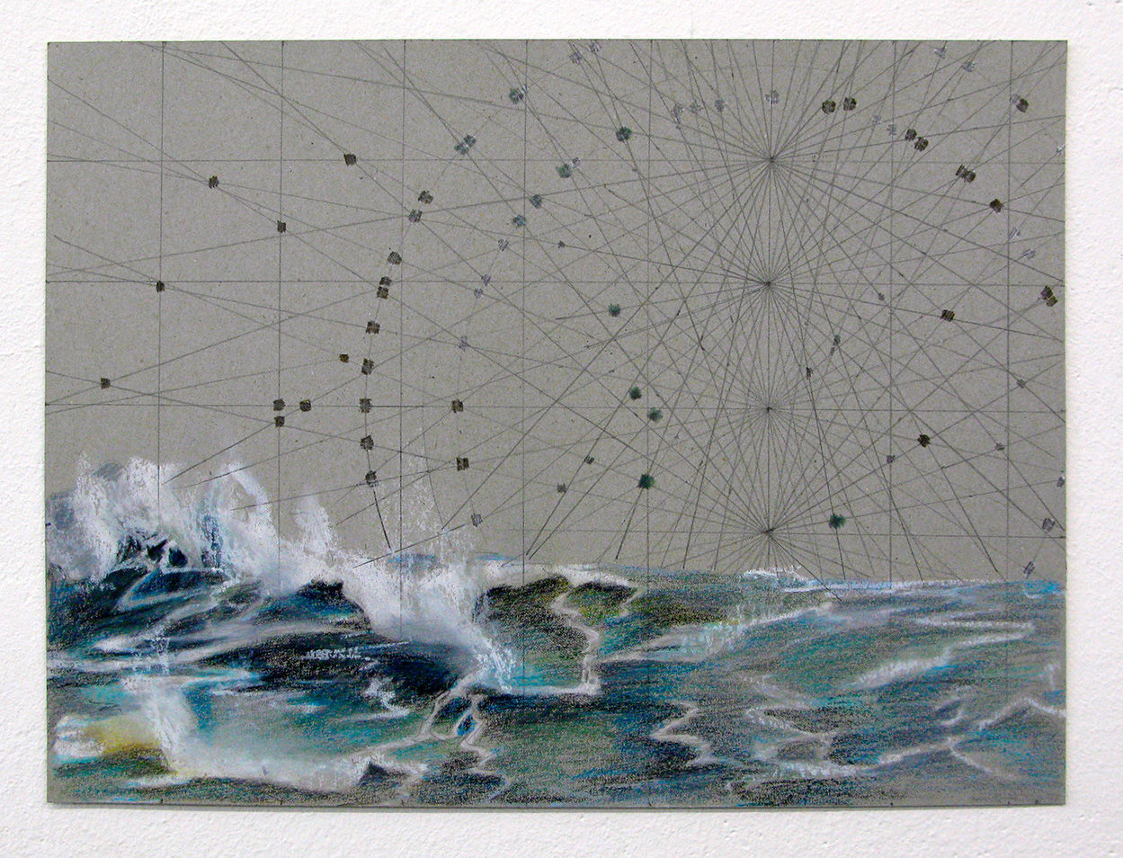 drawing of water and waves with diagrams of lines and circles in the background