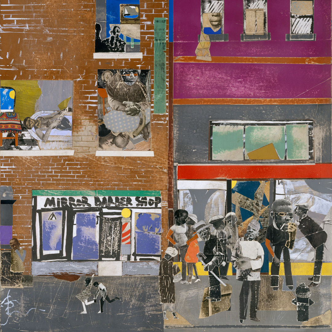 collage of a harlem block with two buildings. A jazz band plays and children also play on the street. 