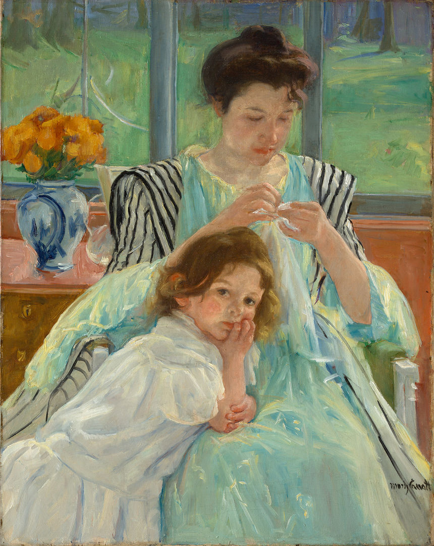 Painting of a young mother sewing with a child resting on her lap; the room has a vase of vibrant flowers and a bay of windows overlooking a green wooded area.