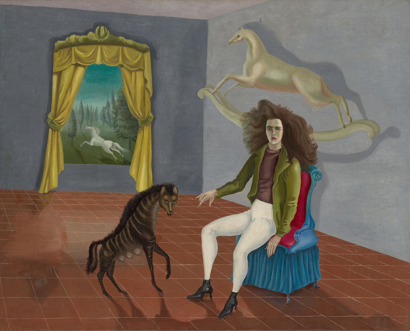 Self-portrait of Leonora Carrington’s sporting white jodhpurs and a wild mane of hair; she’s perched on the edge of a chair with her hand outstretched toward the prancing hyena and her back to two horses: a tailless white rocking horse flying behind her and a galloping white horse visible in a curtained window.