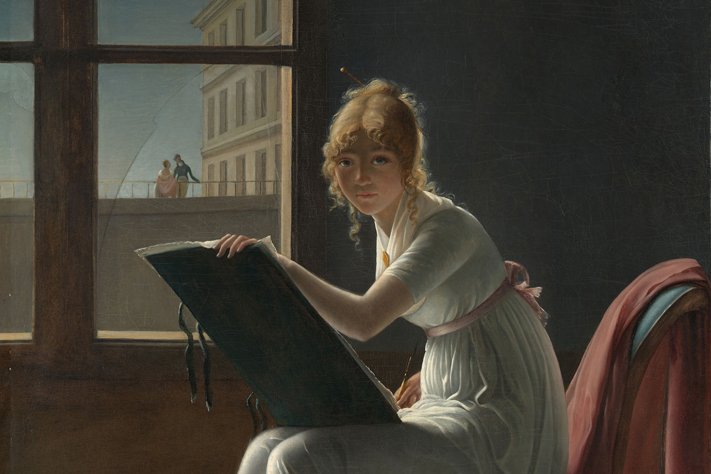 Detail of Marie Denise Villers’s portrait of a young woman artist seated and sketching at her easel.