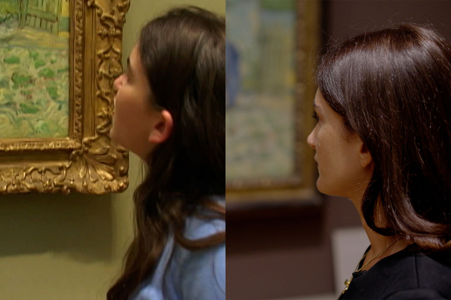 Side-by-side portraits of Emma Sculley looking at a painting as a child and later as an adult.