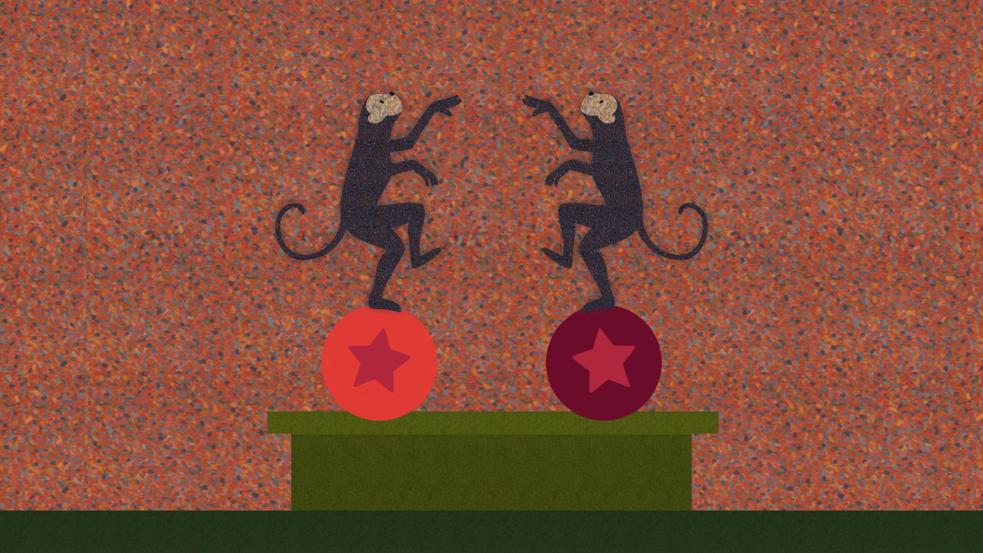 Two circus monkeys appear on stage balancing atop balls, each adorned with a mauve-colored star.
