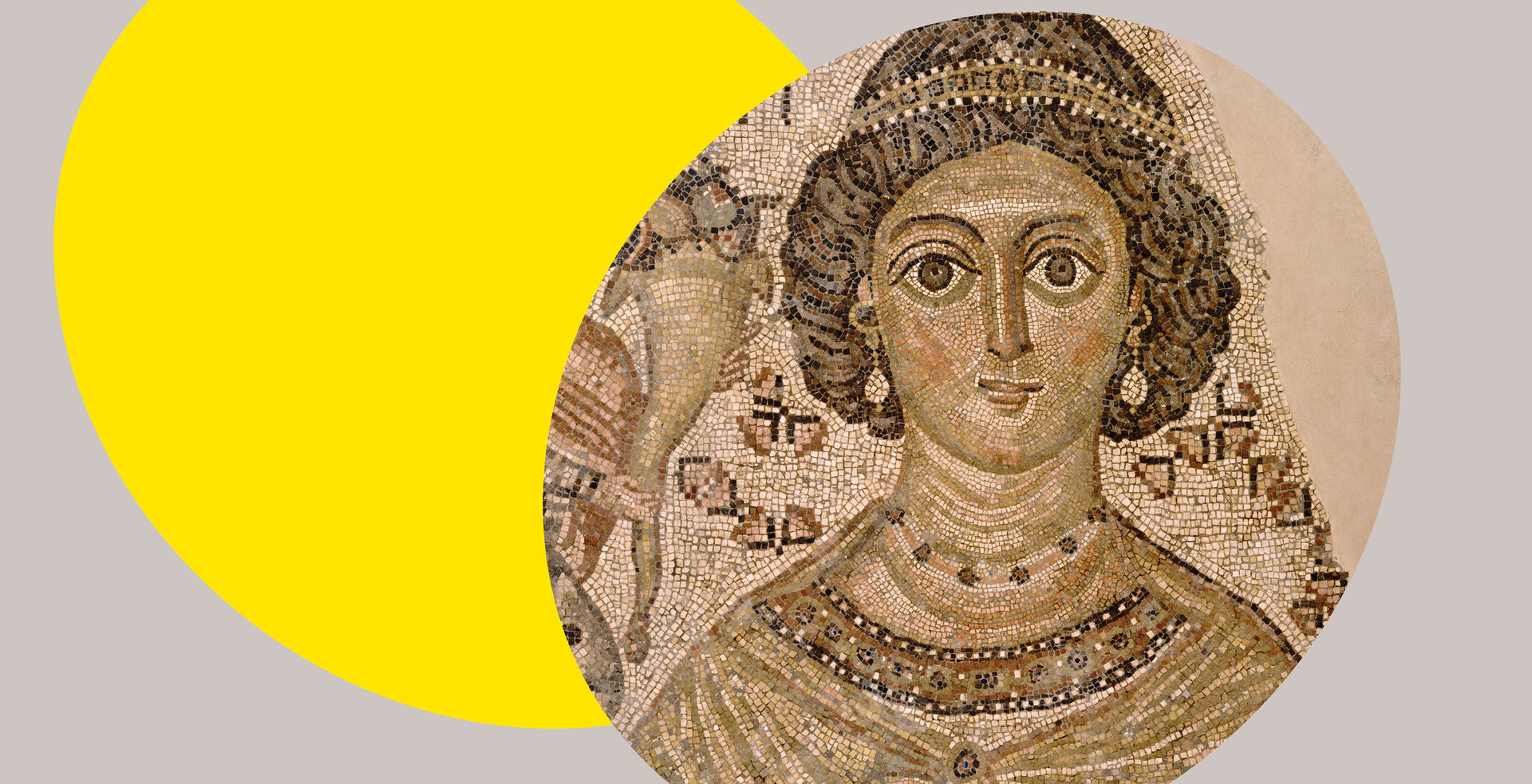 Brown and beige fragment of a floor mosaic with a brown-skinned woman with curly brown hair, a headpiece, and earrings set against a bright yellow ovular spotlight shape in the background.