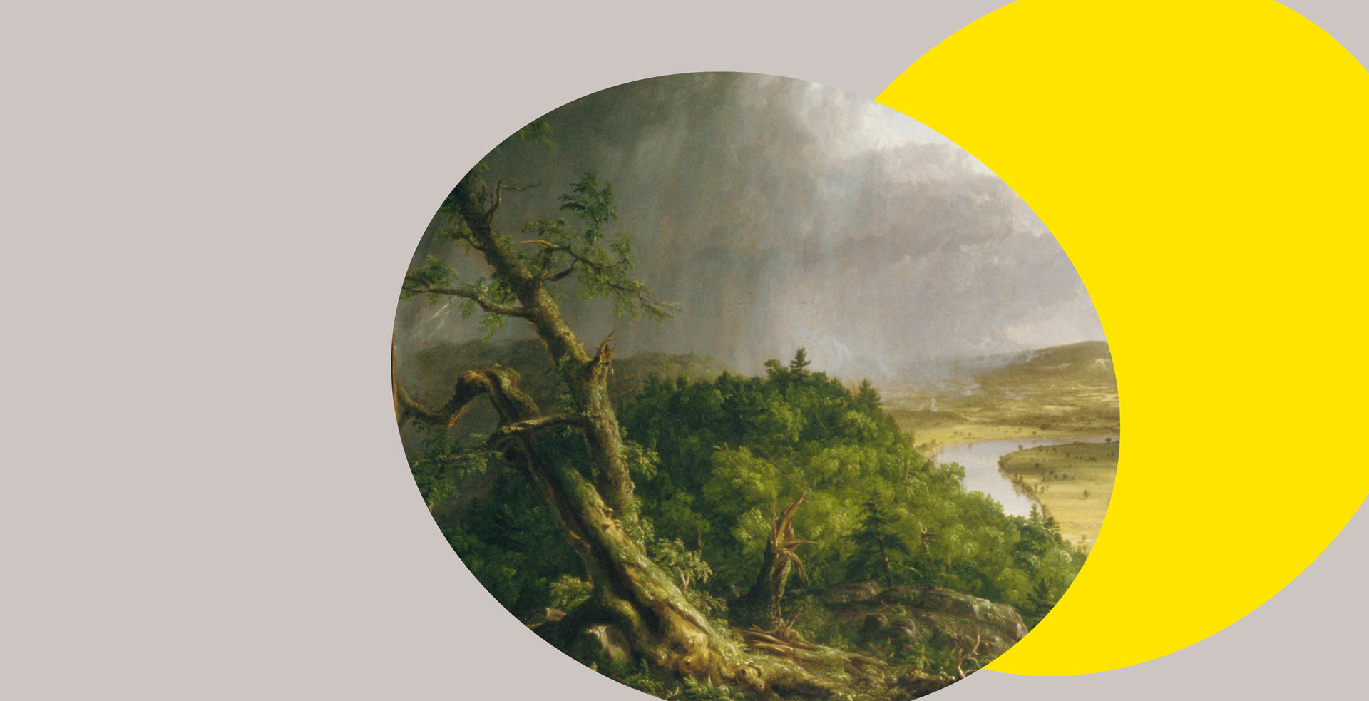 A detail from Thomas Cole's landscape painting "The Oxbow" set against a bright yellow ovular spotlight shape in the background.