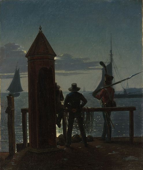 A painting of a man's silhouette overlooking the sea