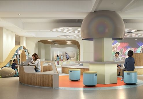 A rendering of an indoor play space which features sleek wood furniture, and brightly colored carpets and children hanging out and interacting with the furniture.