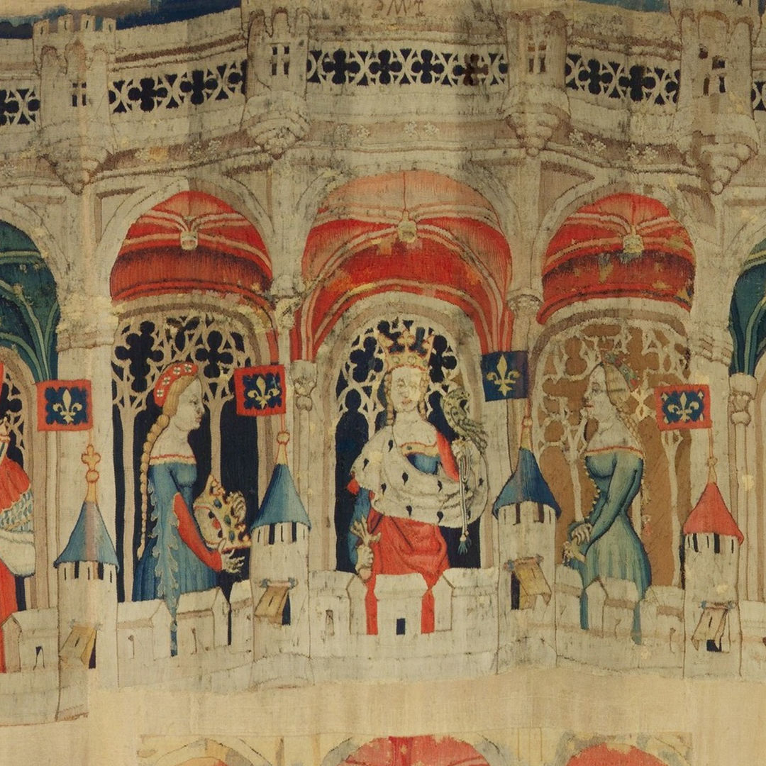 Photograph of a beige tapestry with archways depicting saints, hung over a wooden door