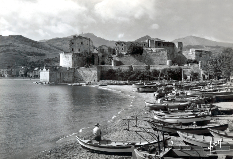 Postcard of harbour, boats and ocean in Collioure, France