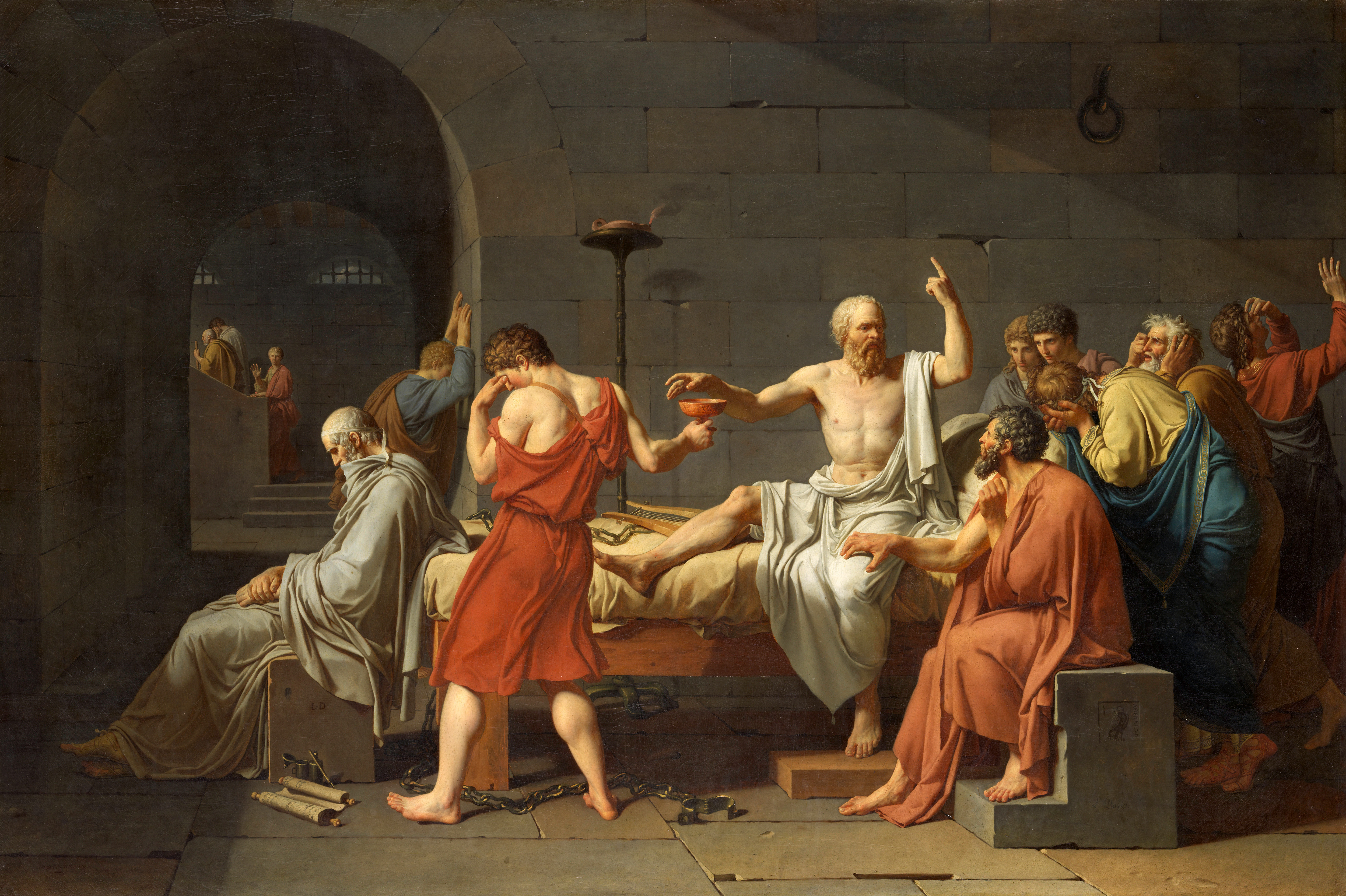 A painting of the philosopher Socrates speaking before a crowd
