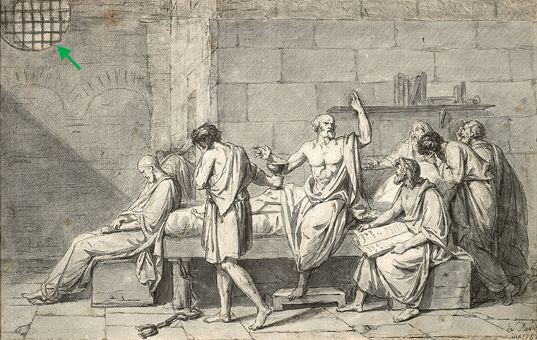 The Death of Socrates study with green arrow pointing towards window.