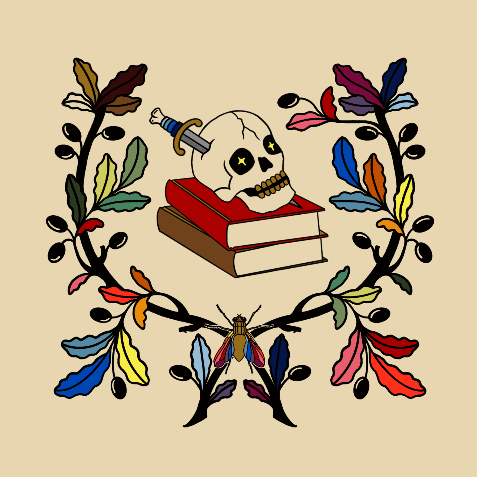 Digital illustration of a skull on a stack of books