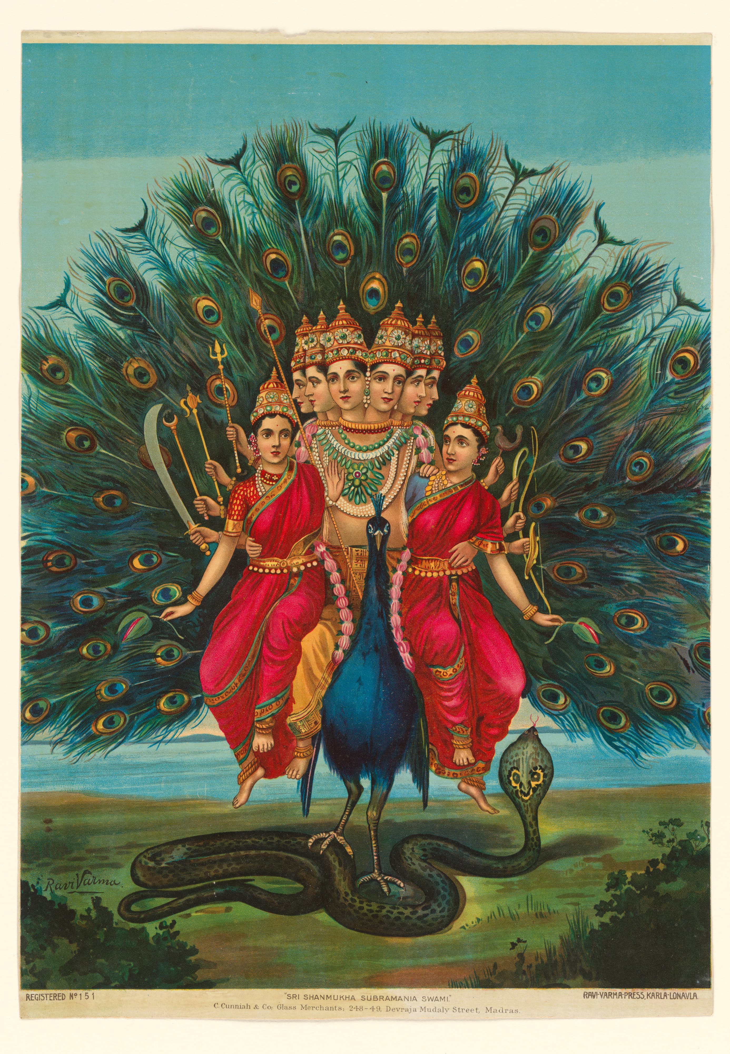 The bright blues and greens of peacock feathers surround deities dressed in red as the peacock carries them over a snake in the grass.