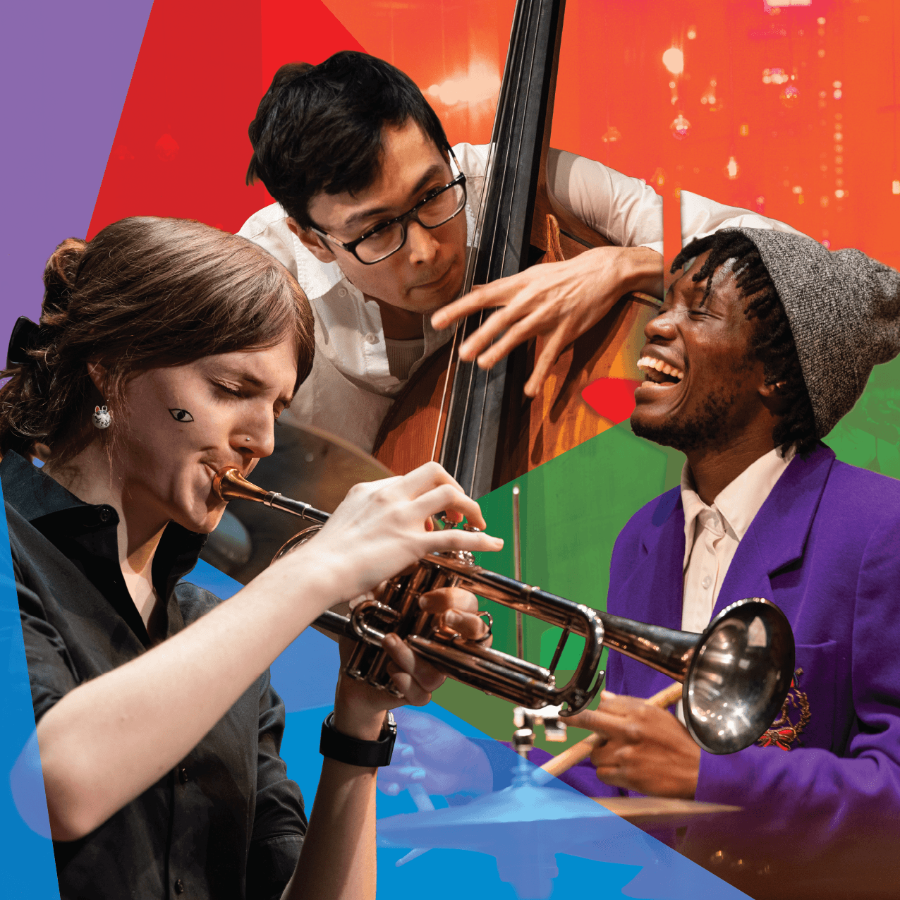 A collage of three musicians playing trumpet, bass, and drums in front of an orange, blue, green, red, and purple background.