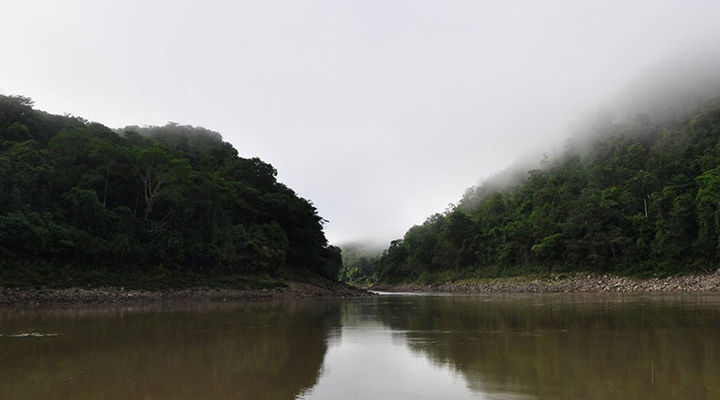 Smooth brown river between two green hills in the fog