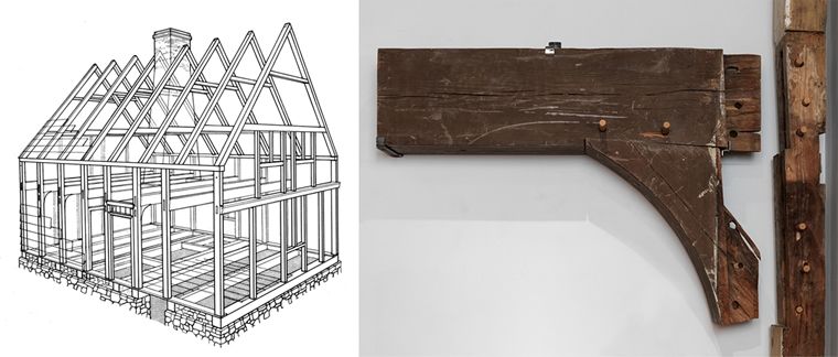 Composite image; on left, conjectural rendering of the Winne home, on right, detail of mortise-and-tenon joint and corbel.