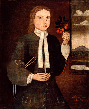 Painted portrait of a young boy in Dutch colonial dress holding a red berries.