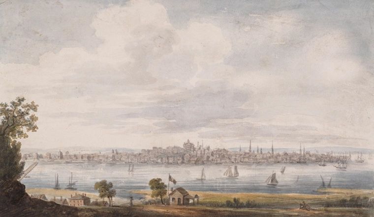 Painted waterfront landscape with sailboats on the water and the city of Albany in the back.