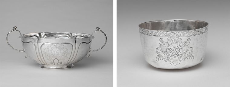 Left: Silver container with large handles and etched floral detailing and a monogram. Right: Circular silver container with etched floral detailing.