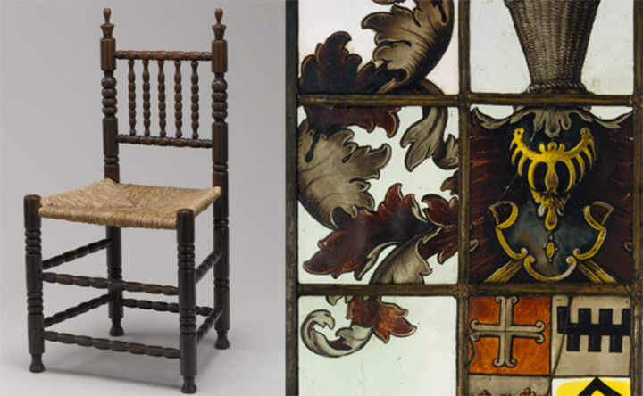Standard wooden chair on the left, detail of stained-glass window on the right.