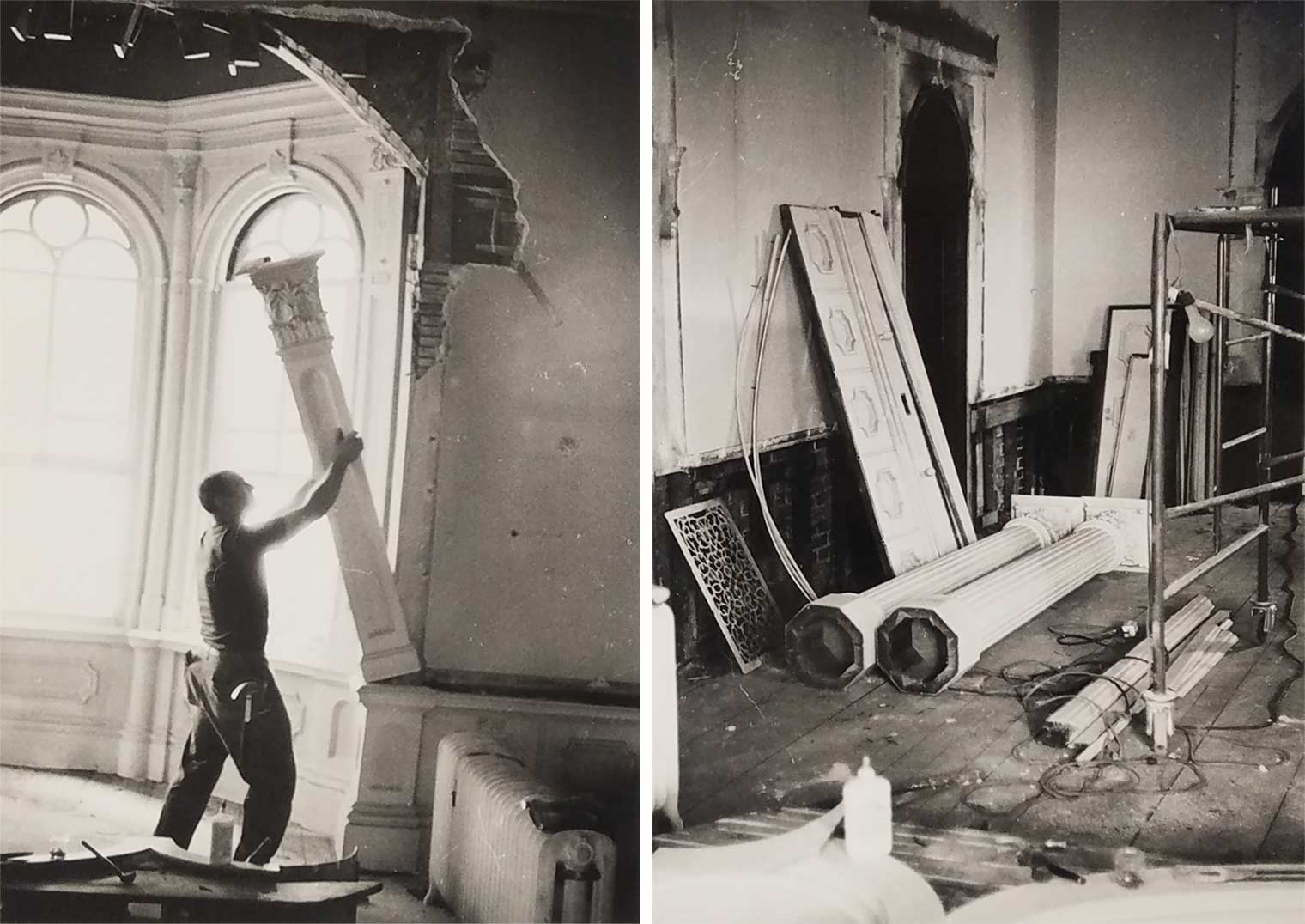 Composite image: On left, a man removing a column from the wall at the Wilcox-Parker mansion, then Beechwood Lodge. On right, an assortment of columns and other architectural elements lying on the ground
