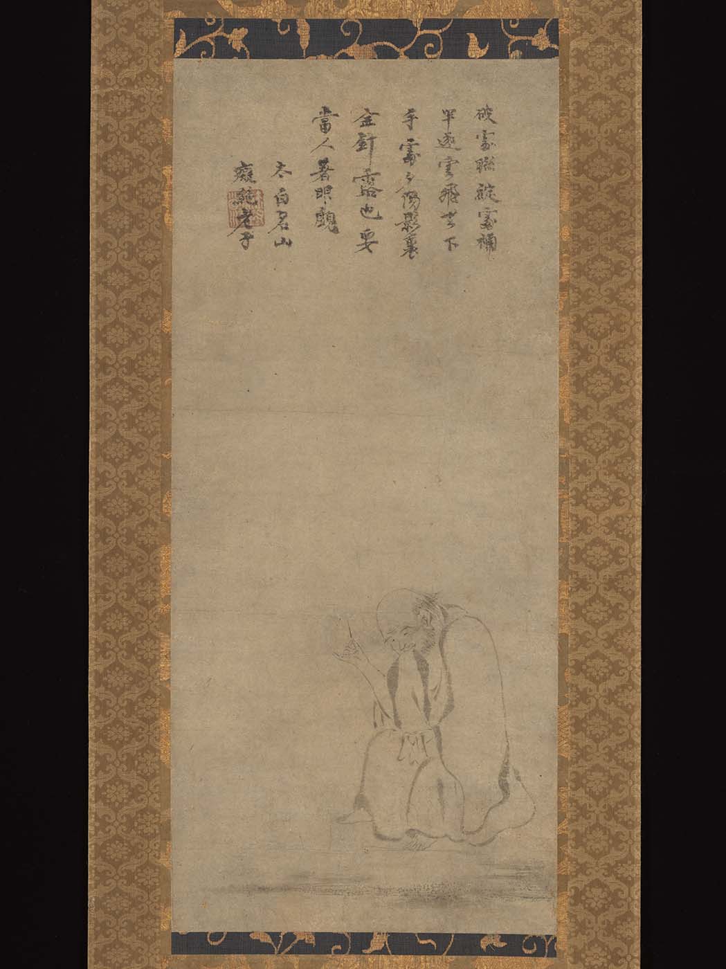 Photograph of painting by unidentified artist, Chinese, 13th century, inscription by Chijue Daochong, Chinese, 1169–1250. Mending Clothes by Daylight. China, Southern Song dynasty (1127–1279), calligraphy datable to 1240s Hanging scroll; ink on paper. Image: 25 9/16 × 11 1/4 in. (65 × 28.5 cm) Purchase, Robert Hatfield Ellsworth Bequest; 2022 (2022.97)