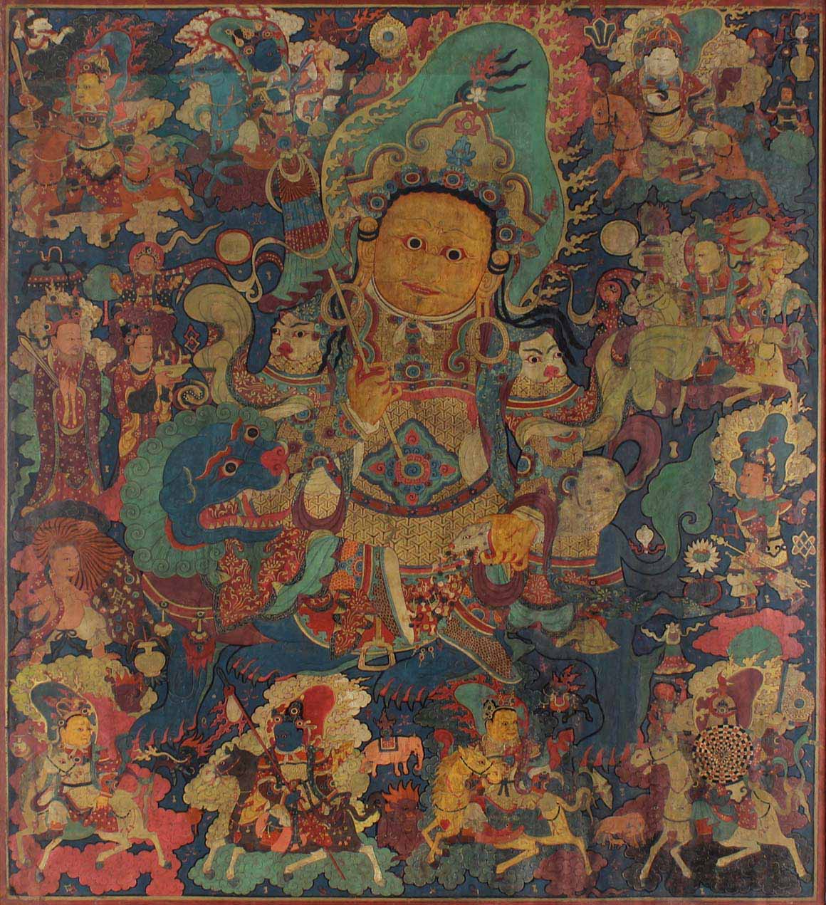 Photograph of painting of Vaishravana, Guardian of Buddhism and Protector of Riches. Tibet, early 15th century. Distemper on cloth. Image: 32 × 29 1/8 in. (81.3 × 73.9 cm). Purchase, Gift of Florence and Herbert Irving, by exchange, 2021 (2021.290)