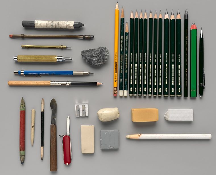 Artistic drawing and sketching tools: graphite pencil, crayons