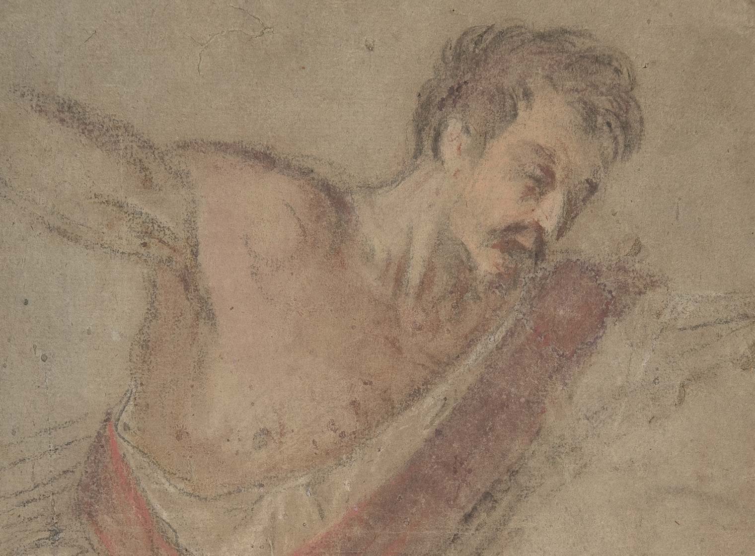 A faint pastel drawing of a bearded man in the outfit of a roman soldier with his arms upstretched on dark brown paper.