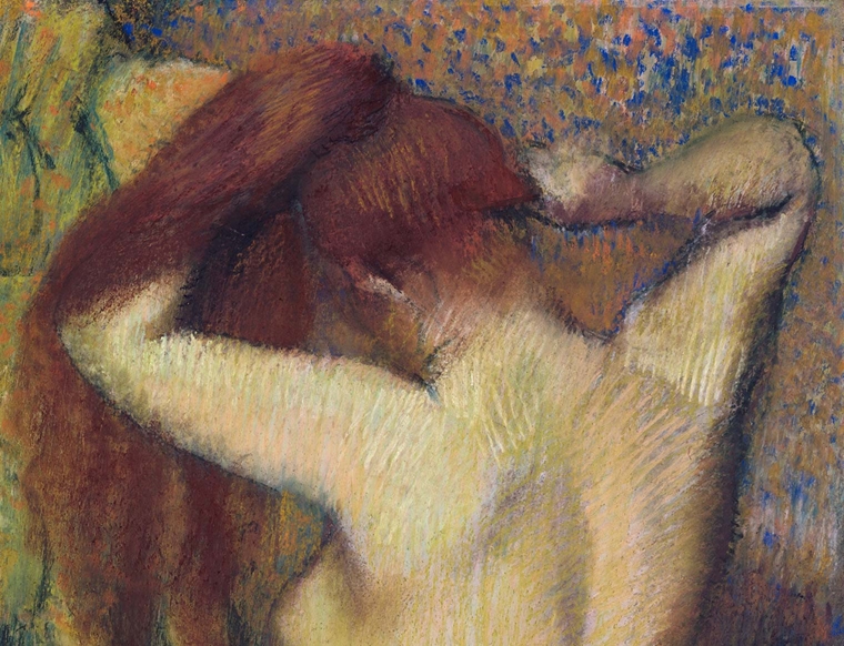 A colorful pastel drawing of a nude woman's upper body from behind as she puts her amber hair into a ponytail. 
