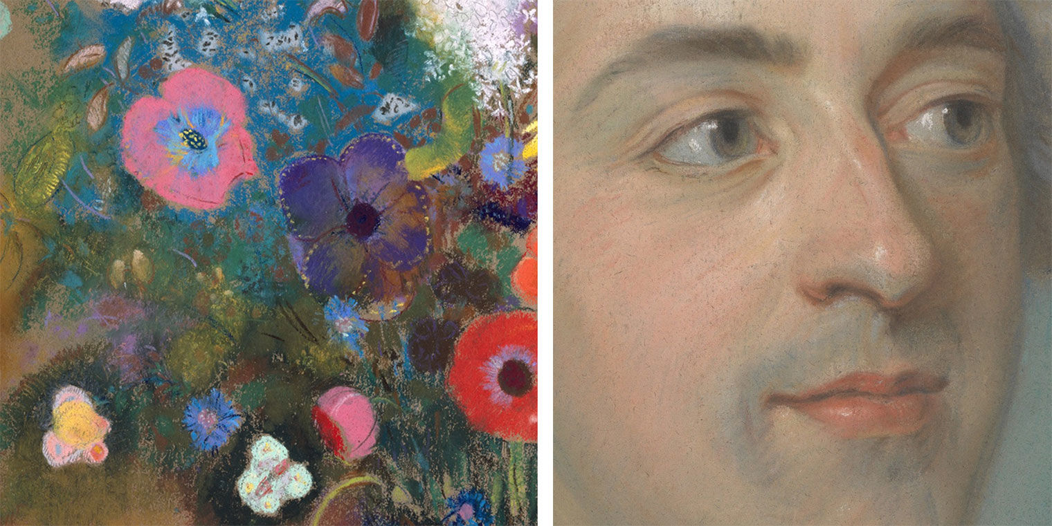 Left: a very colorful, abstract pastel drawing of various flowers. Right: a photorealistic close-up image from a pastel drawing of a pale man