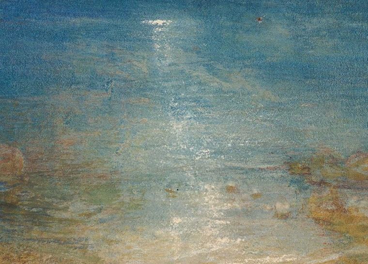 A detail image of the blue, shimmering surface of a lake made with watercolor.