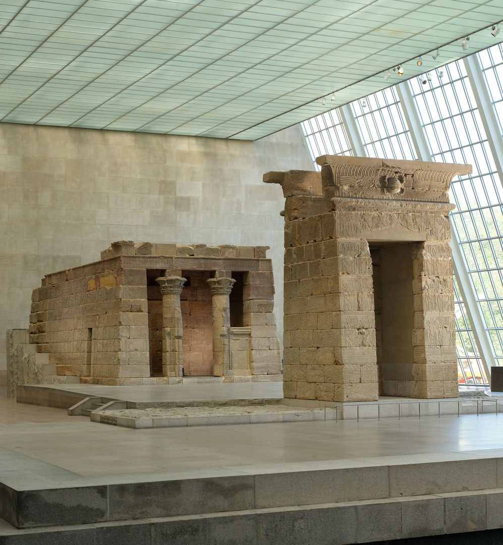 A color photograph of the view of Temple of Dendur installed in the Sackler Wing