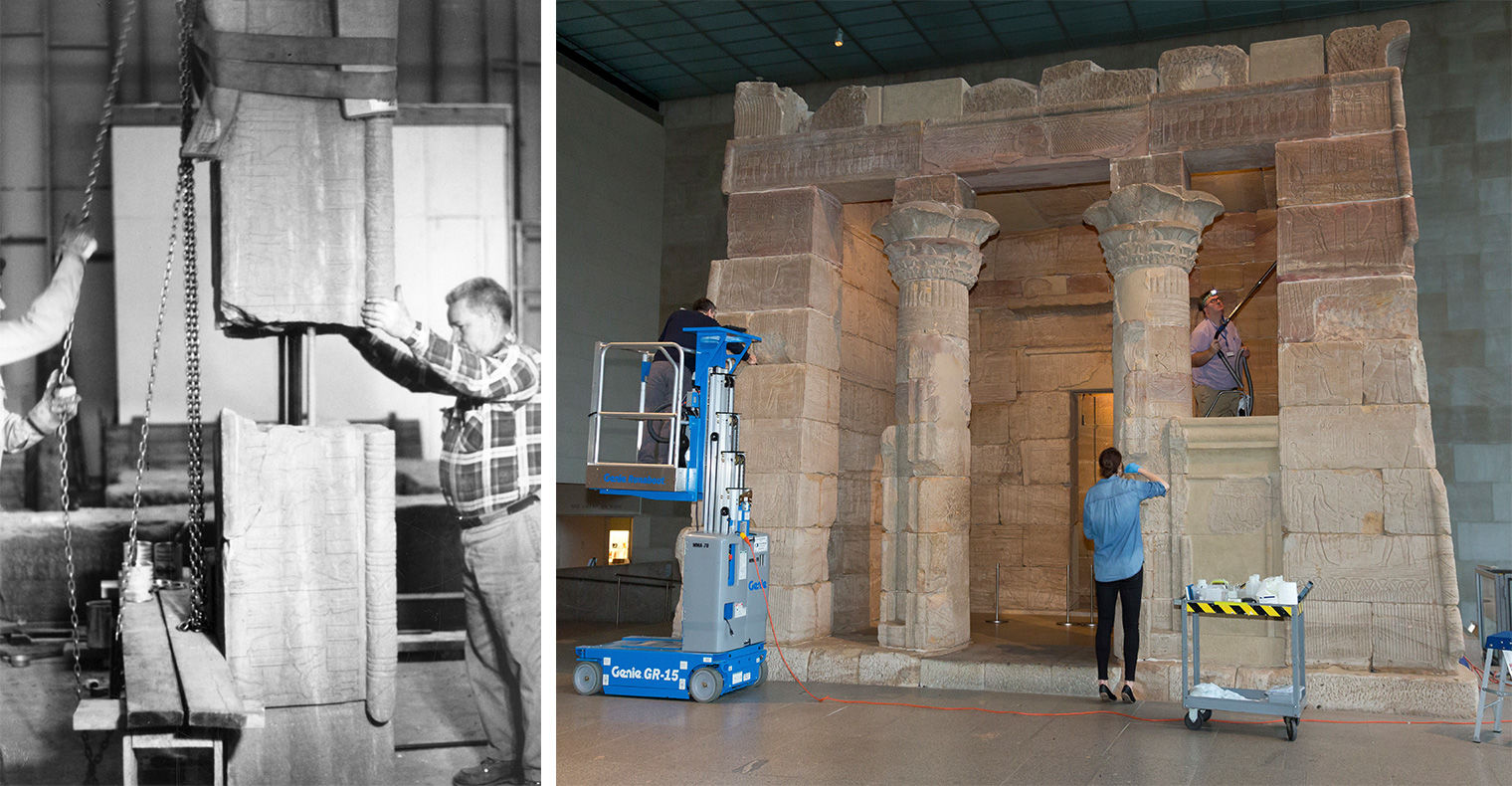 A composite image, on the left is a black and white photograph showing two men joining fragments of a block from the Temple of Dendur. On the right, a woman with dark hair wearing a light blue top, black pants, and blue plastic gloves cleans the temple's column while a man is elevated inside the temple cleaning the interior.